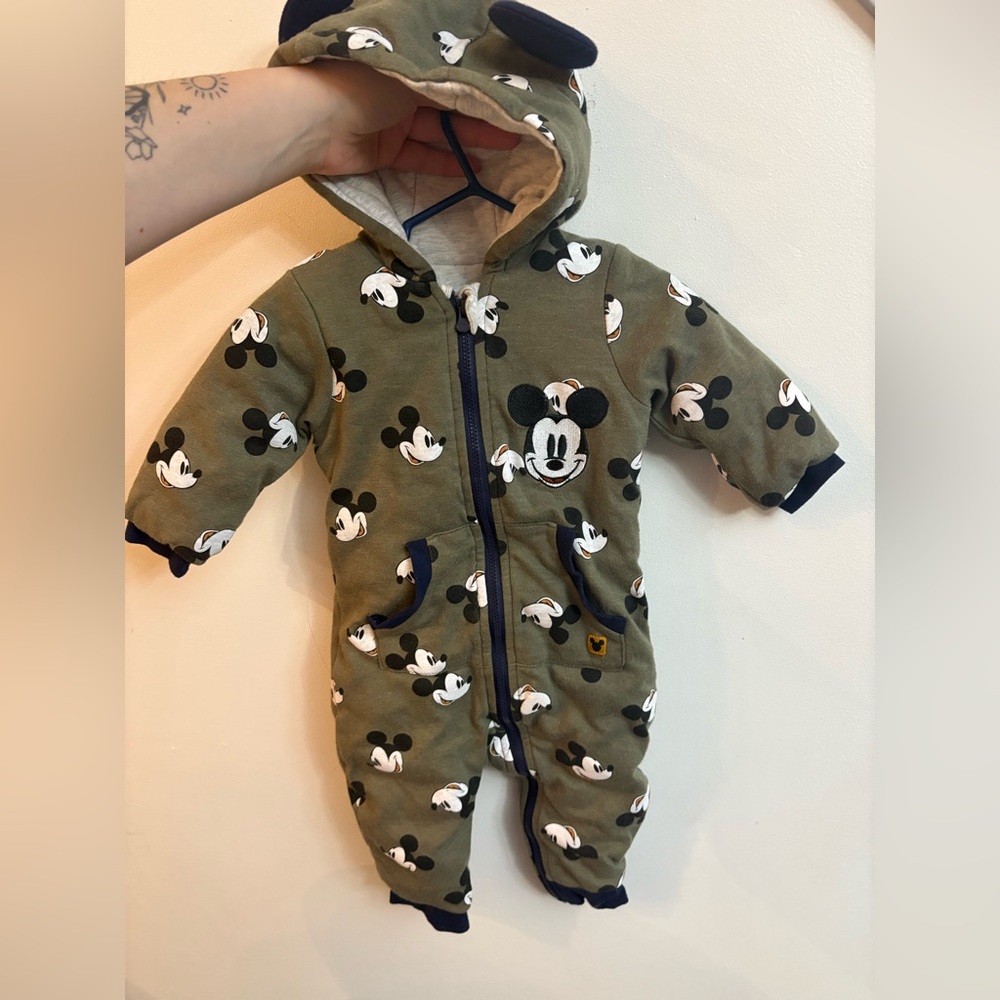 Disney Olive Green Mickey Mouse Hooded One-Piece Footie 9-12 months